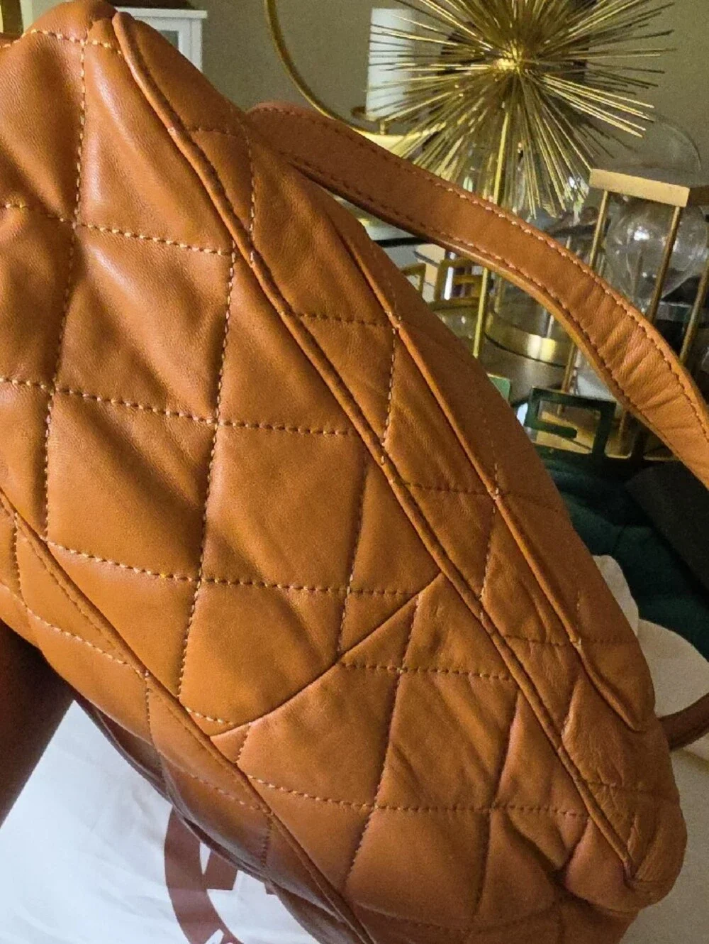 Michael Kors Quilted Satchel in Cognac Tan with Gold Hardware.